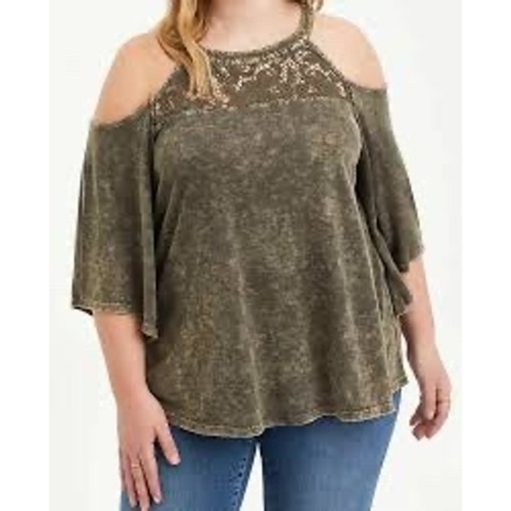 Torrid Cold Shoulder Top 2, 2X Olive Green Lace Yoke Mineral Wash Short Sleeve‎
